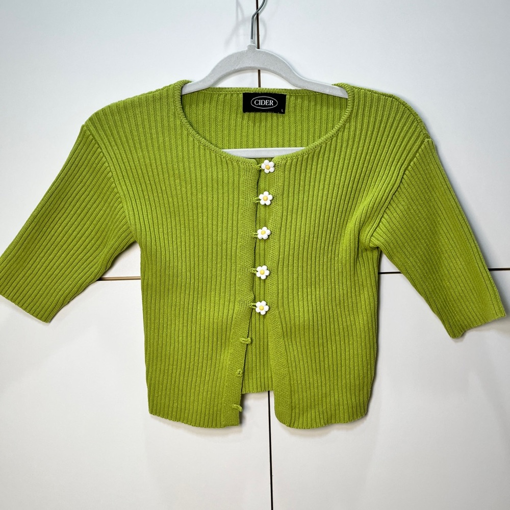 Cider Green Ribbed Cardigan with Floral Buttons
